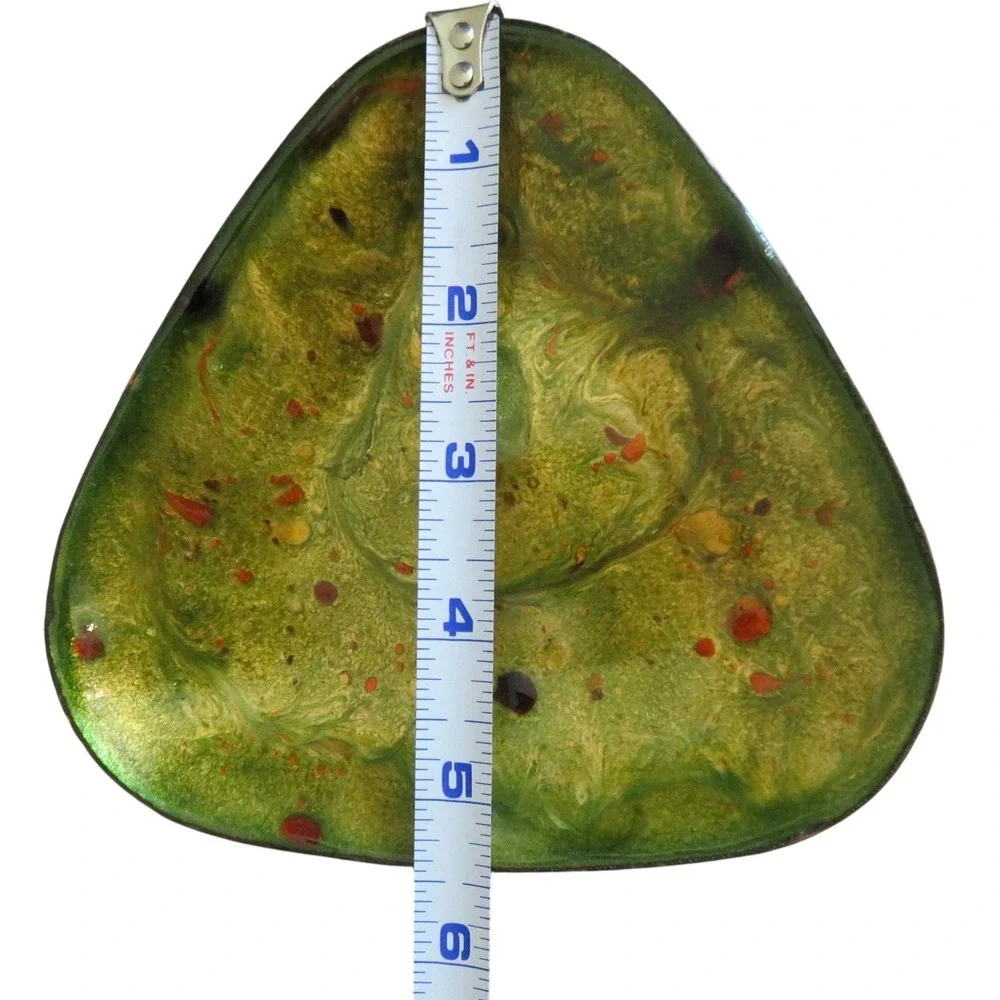 Vintage Mid Century Modern Enamel on Copper Triangular‎ Trinket Dish Green Gold